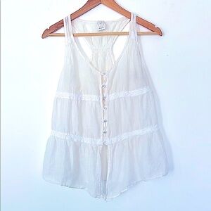 white cotton tiered flounced top with lace racerback button down boho top summer
